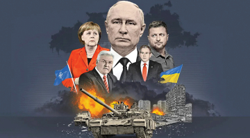 Ilustrācijā no kreisās: bijusī Vācijas kanclere Angela Merkele, bijušais Vācijas ārlietu ministrs, tagad Valsts prezidents Franks Valters Šteinmeiers, Krievijas prezidents Vladimirs Putins, bijušais ASV prezidents Džordžs Bušs un Ukrainas prezidents Volodimirs Zelenskis.
Ilustrācija — Der Spiegel